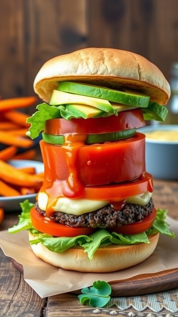 A vibrant vegan burger with black bean patty and fresh toppings, served with sweet potato fries on a rustic table.